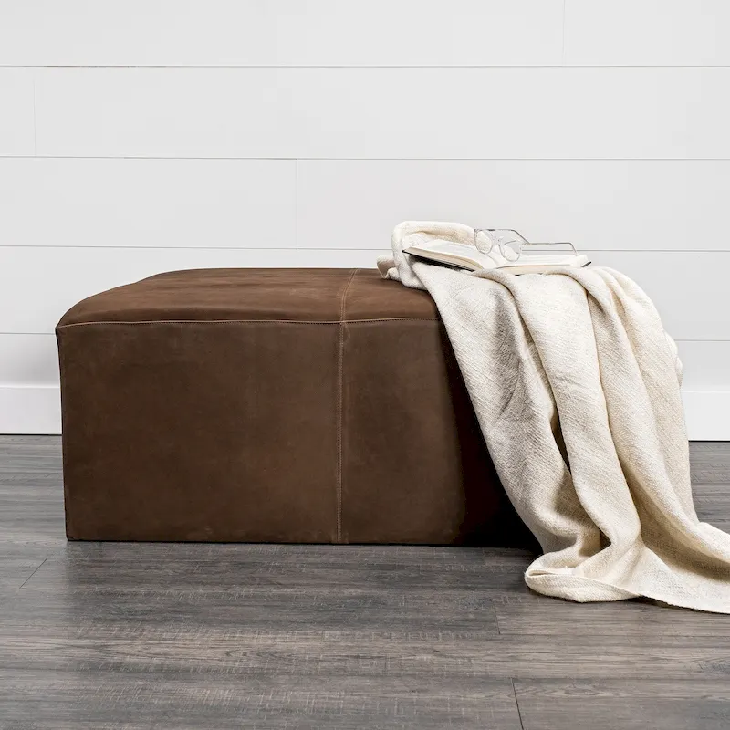 Black / Brown Top-Grain Leather Square Ottoman with Brass Metal Base