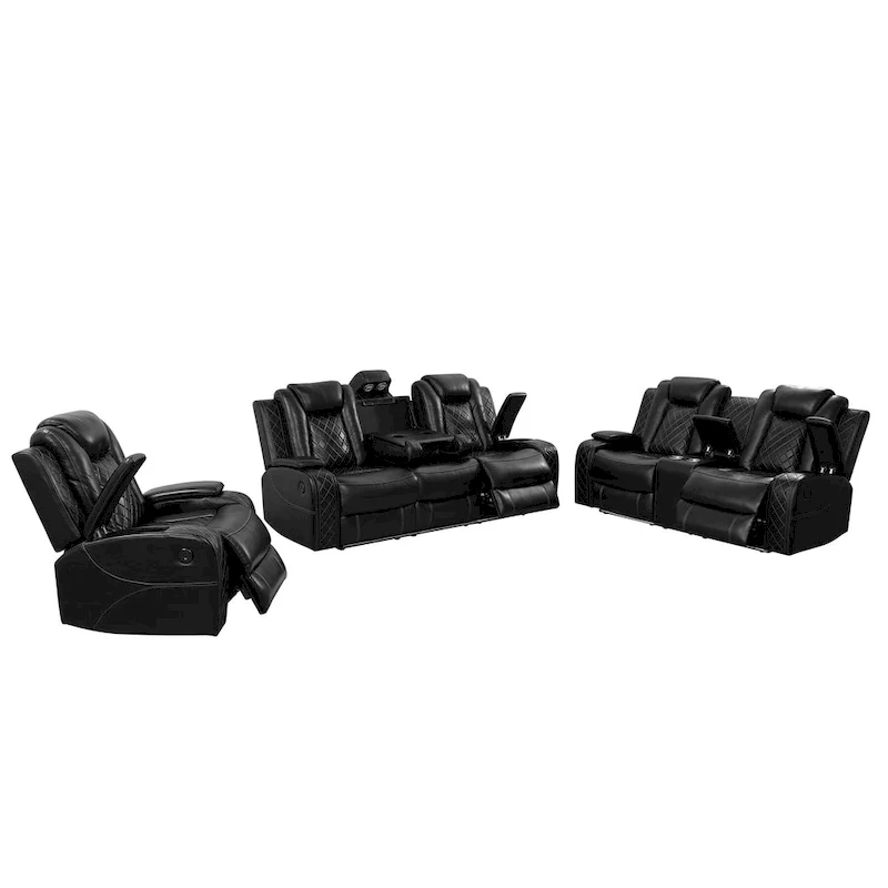 Modern 3-Piece Leather Recliner Sofa Set with LED, Wireless Charging