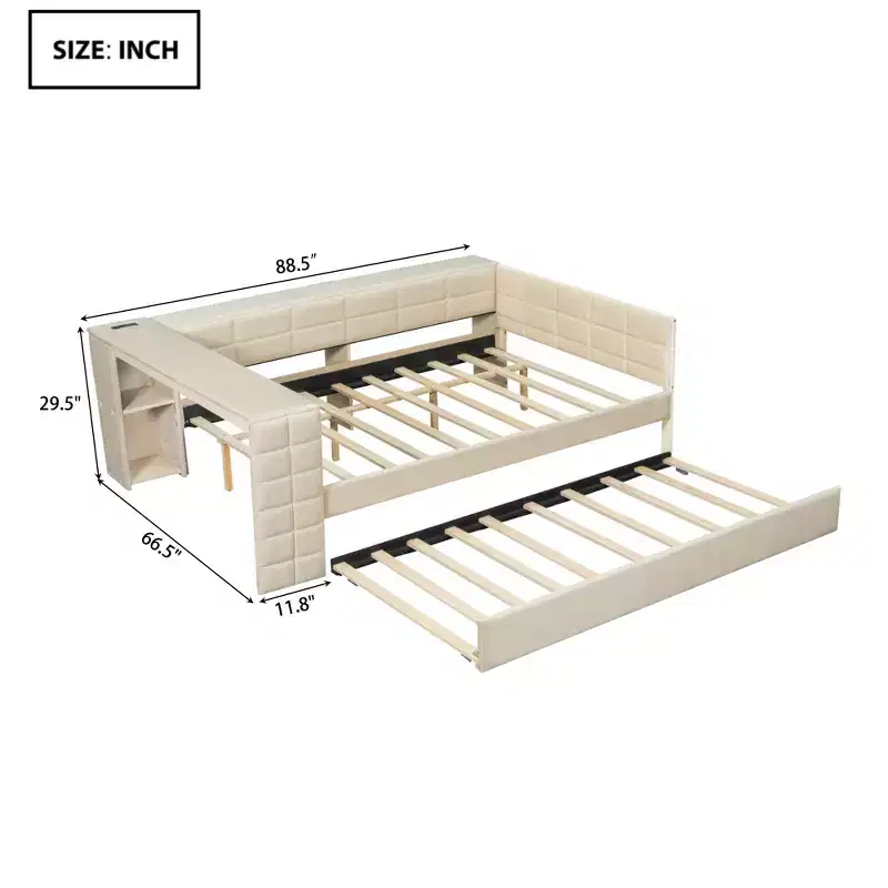 Luxystar Full Size Upholstered Platform Bed with Trundle, Storage Shelves, Side Desk and Charging Station