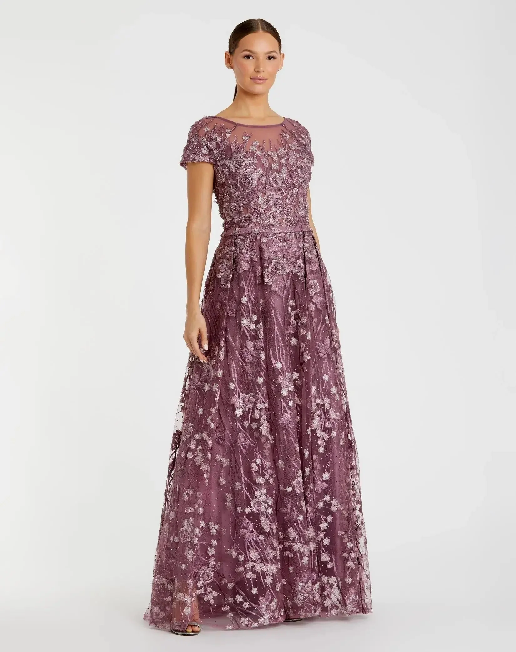 Purple Embellished Floral Cap Sleeve A Line Gown