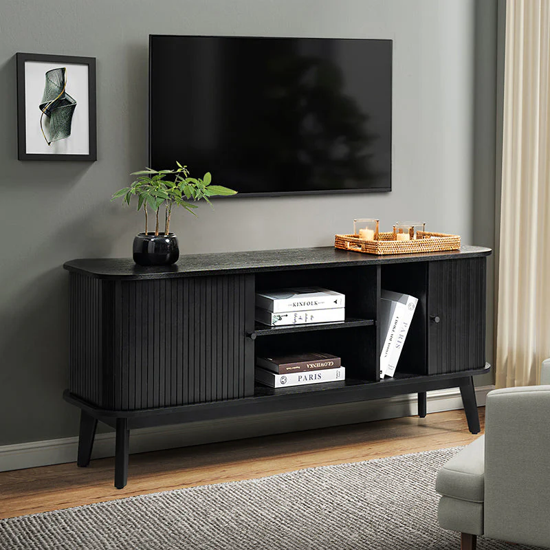 Sliding Door TV Stand with Adjustable Shelf, Cable Management & Rubberwood Legs | Walnut / Black | Single