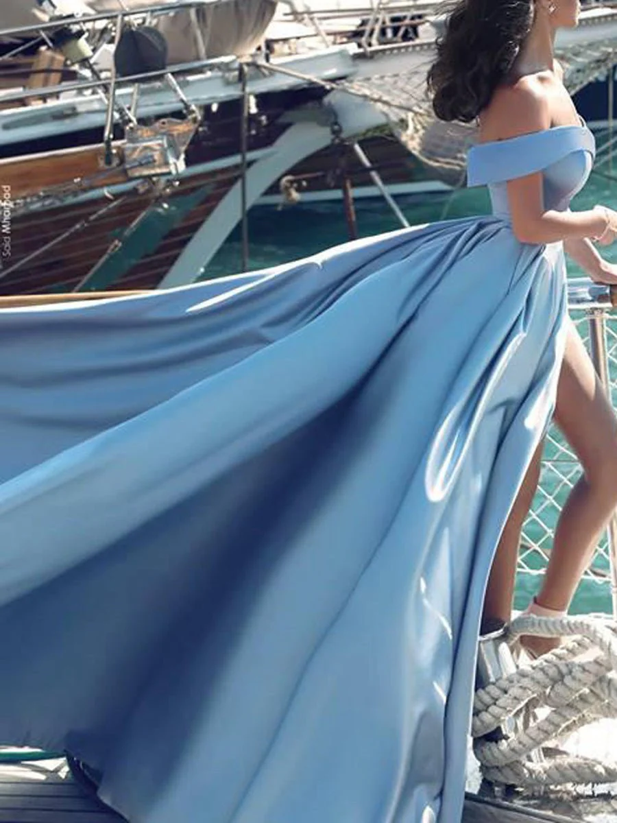 Off Shoulder Prom Dress Long Satin Formal Gowns with Slit