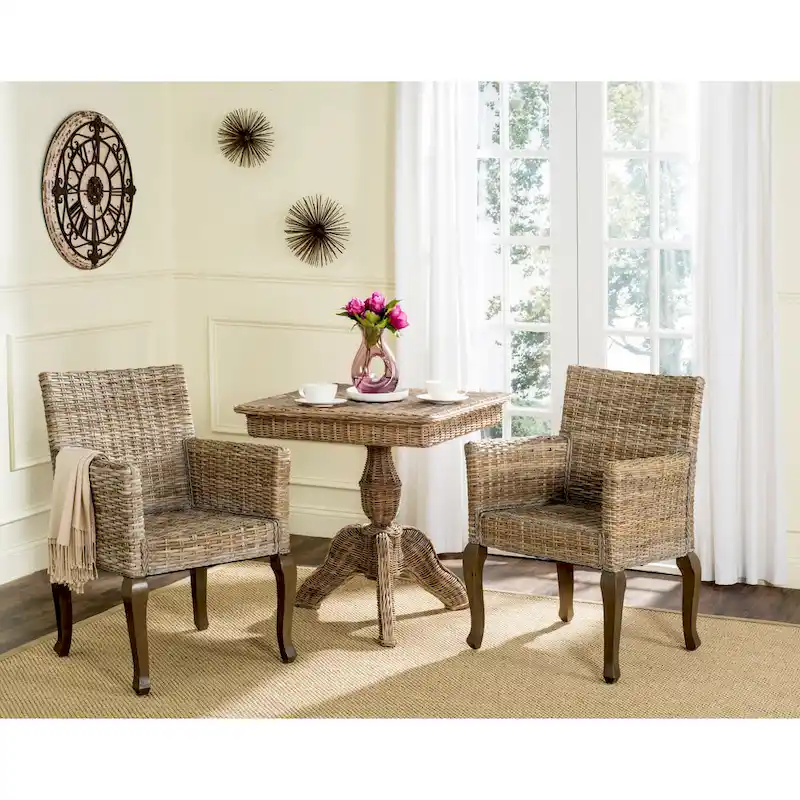 Natural/White Washed Rattan Dining Chair with Arms, Set of 2