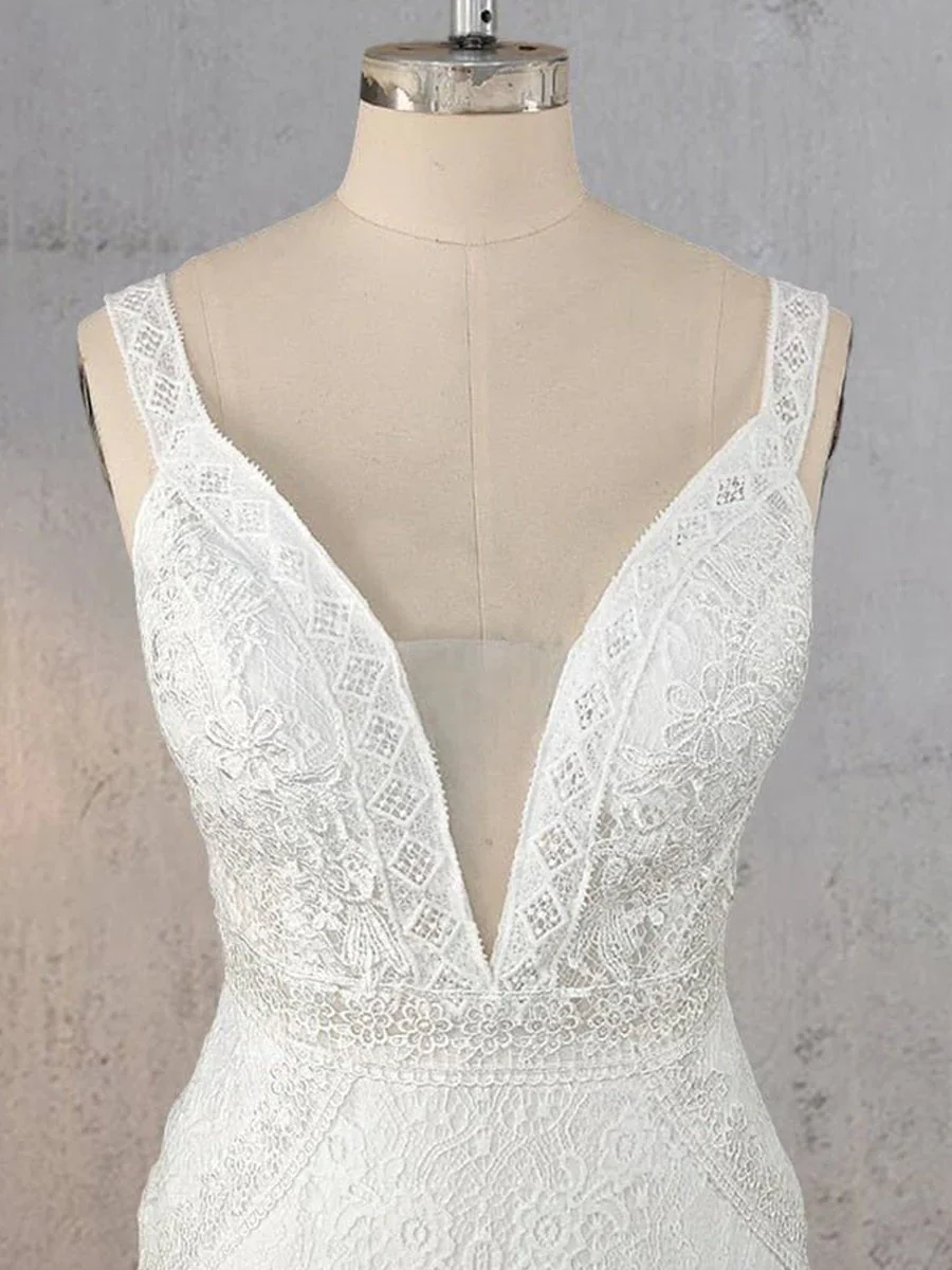 Mermaid White V Neck Illusion Wedding Dress