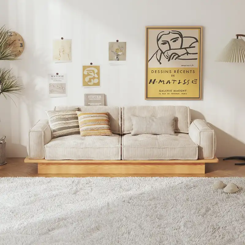 Corduroy Beige Sofa With Wood Frame