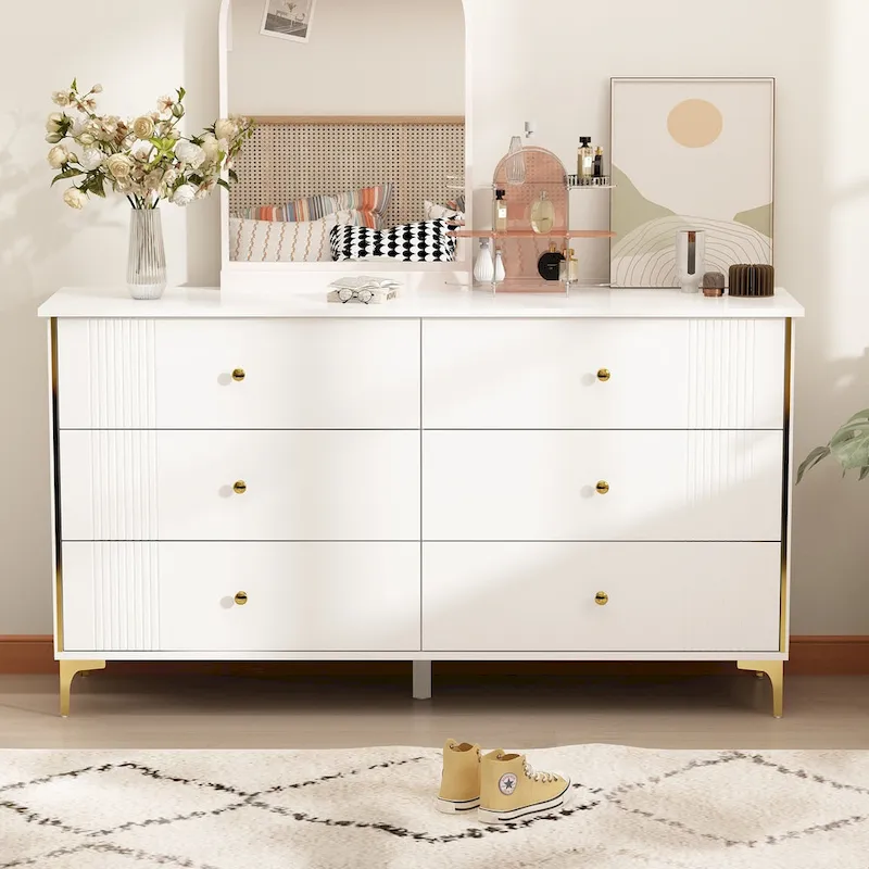 White Lacquer Dresser 6 Drawer Dresser with Metal Handle and Legs