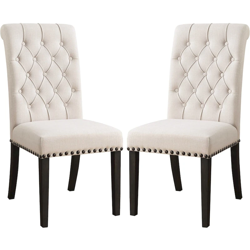 Rolled Back Design Button Tufted Beige Dining Chairs with Nailhead Trim (Set of 2)