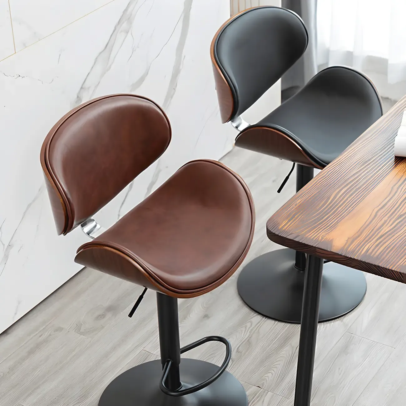 Modern Adjustable Leather Swivel Bar Stools with Backs