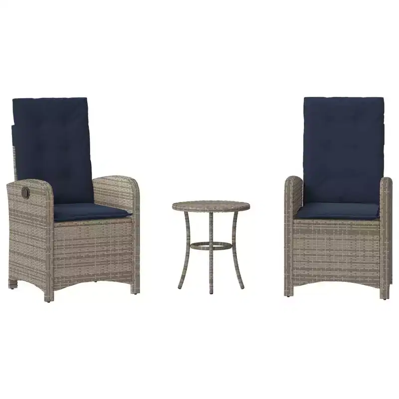 vidaXL 3-Piece Poly Rattan Bistro Set - Adjustable Reclining Chairs with Cushions & Round Table, Weather-Resistant, Gray/Navy Blue