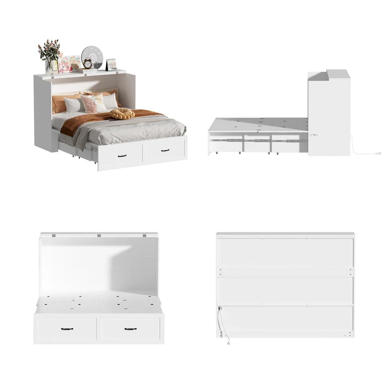 Modern Wood Full Murphy Bed Chest in White Finish Dresser 2-1 Cabinet