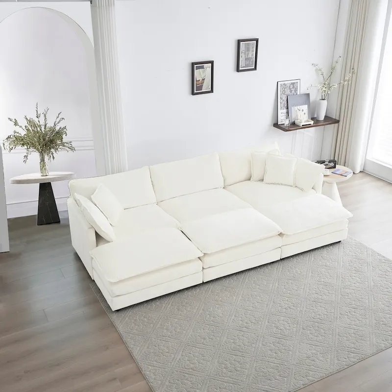 6-Seater U-Shape Sectional Sofa with 3 Ottomans and Pillows