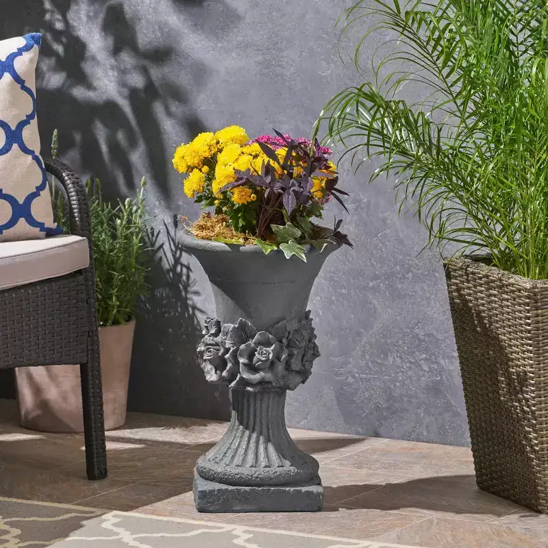Handcrafted MGO Garden Urn Planter for Indoor Outdoor Flowers, Faux Stone Pot with Drainage Hole and Ready-to-Use Design