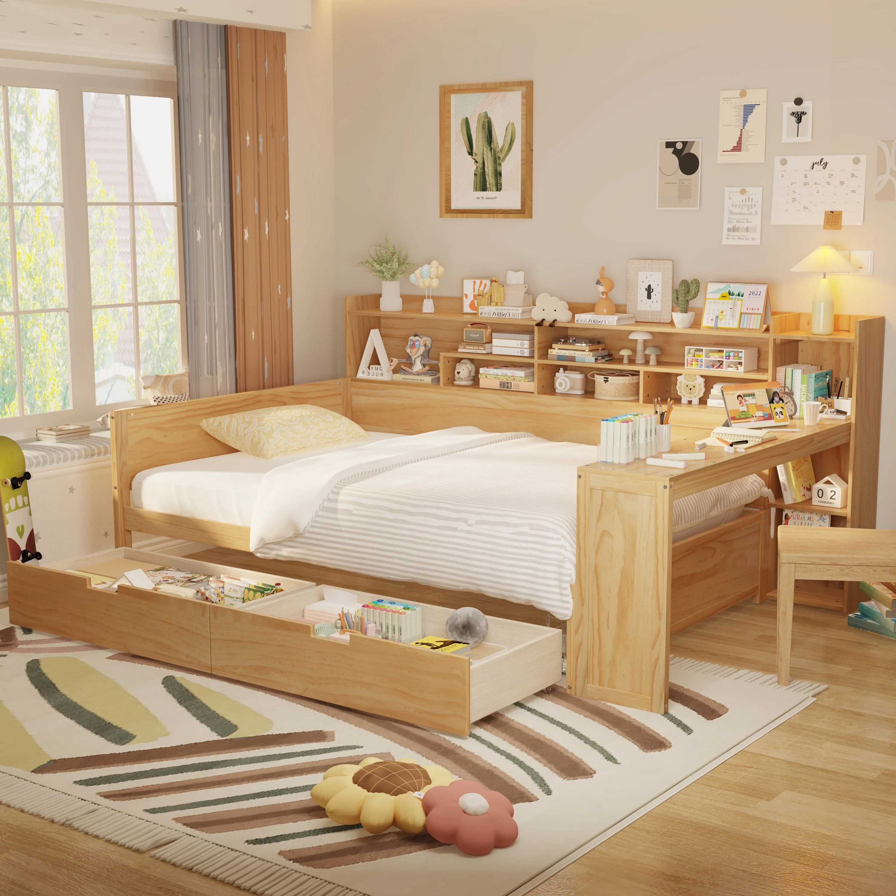 Walker Edison | Multi-functional Wooden Full Size Daybed with Storage Shelves