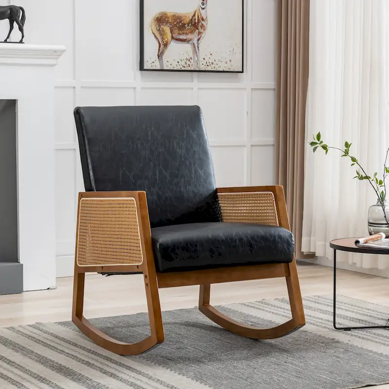 SEYNAR Modern PU Leather Rocking Chair with Rattan Arms