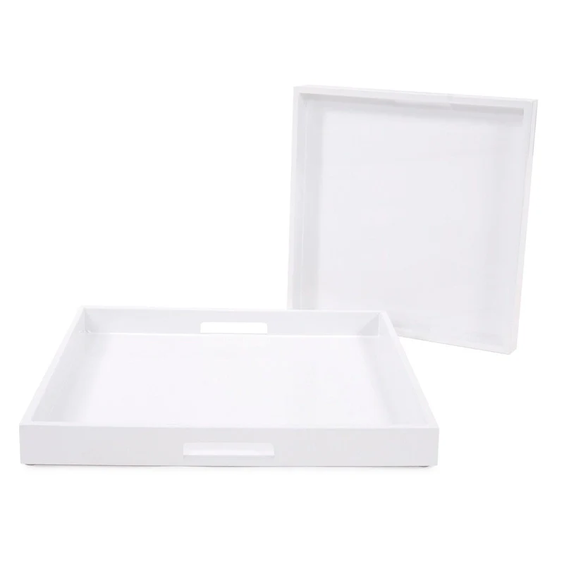 Allan Andrews White Lacquer Square Wood Tray Set with Handles