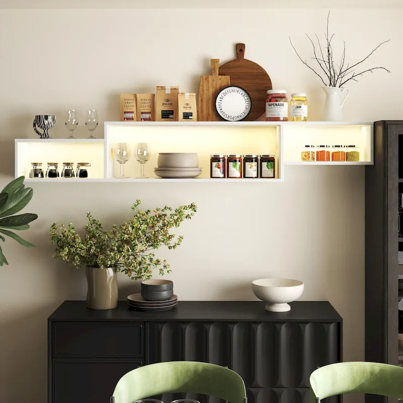 Modern Wall-Mounted Floating TV Stand with 3-Tier Shelves and 20-Color LED Lighting