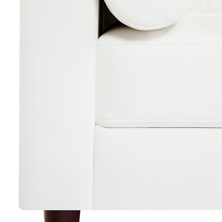 Modern Genuine Leather Sofa with Wooden Legs & Additional Bolster Pillow