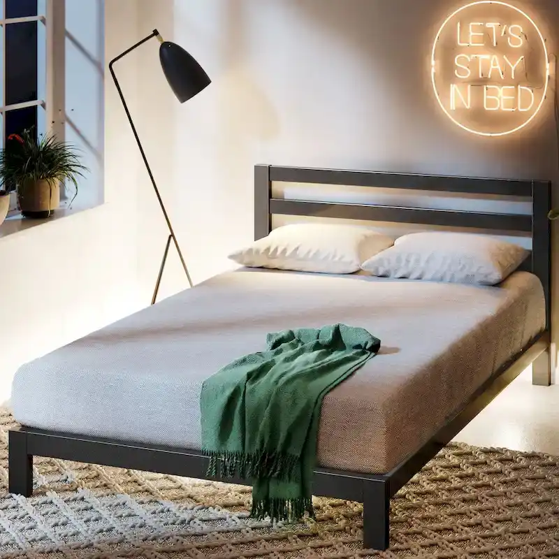 Black Metal Platform Bed Frame with Headboard