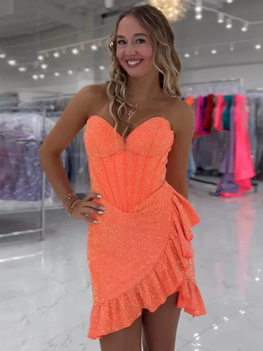 Orange - Strapless Beaded Bodycon Short Homecoming Dress With Ruffles