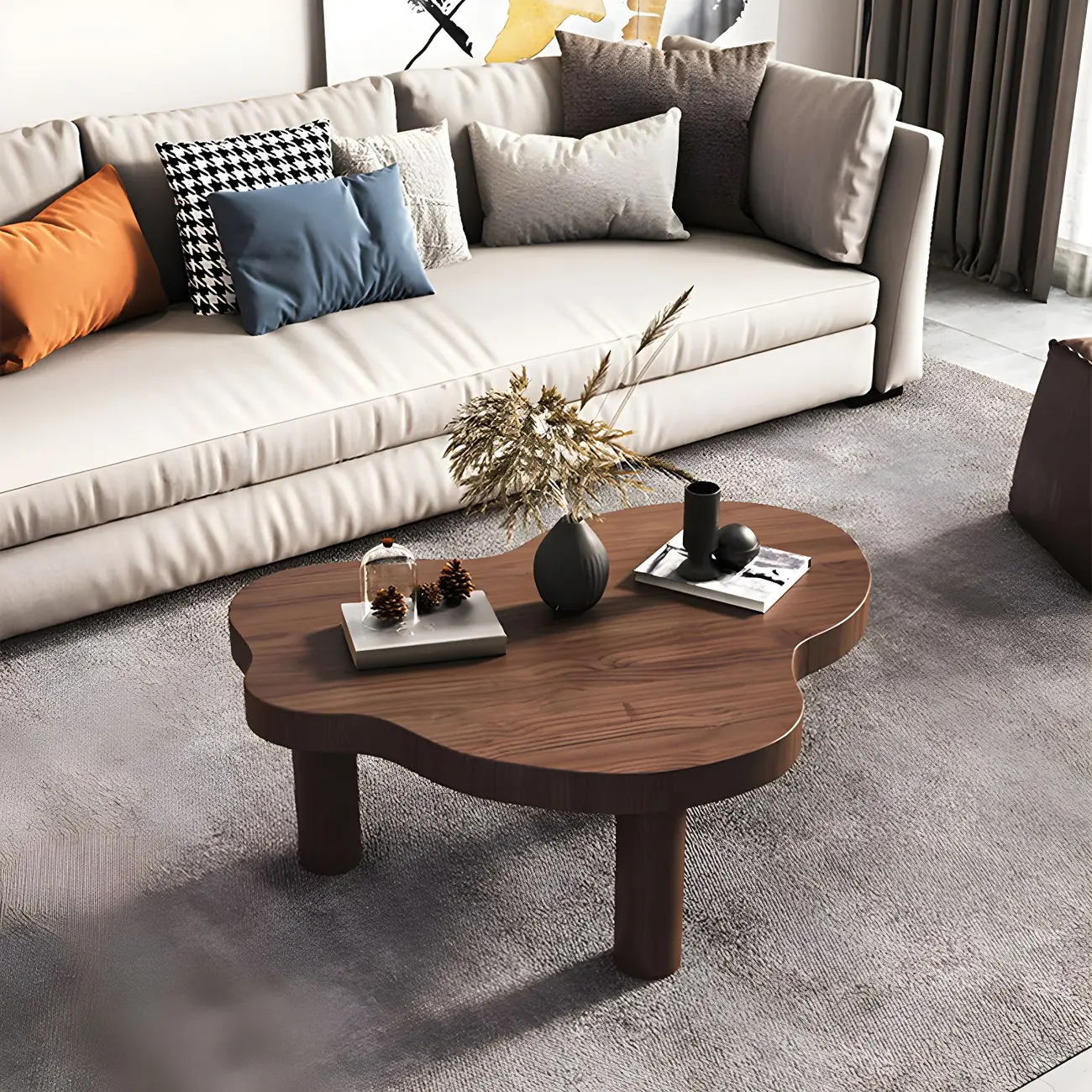 Natural Cloud-Shaped Pine Coffee Table with 3 Legs