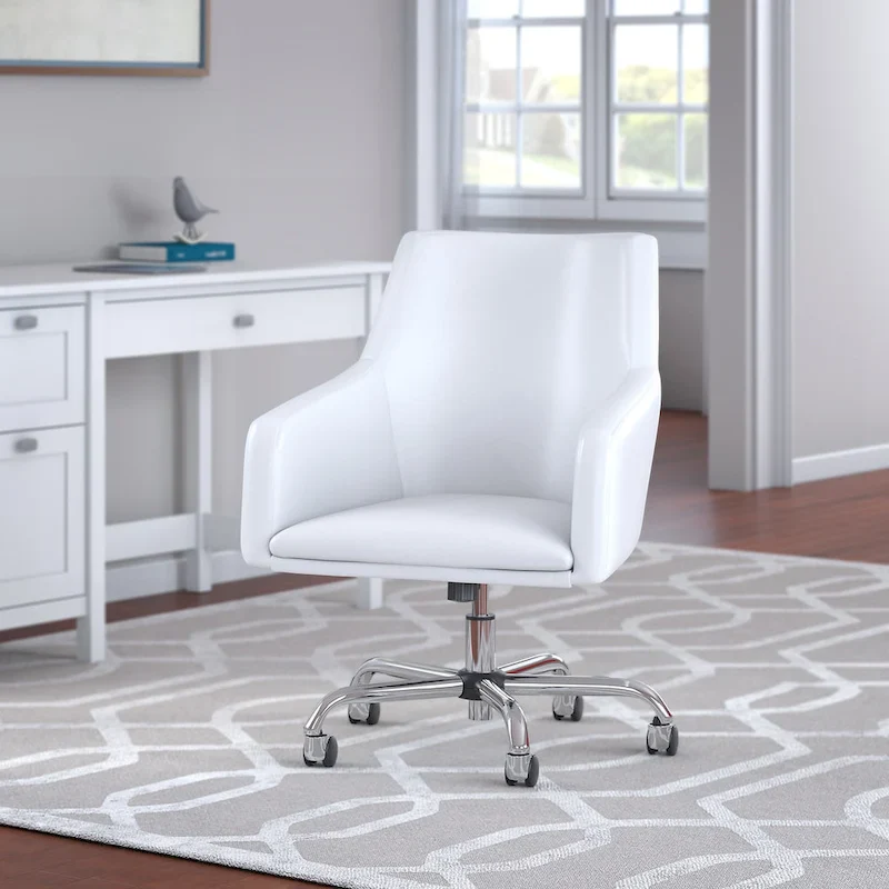 White / Dark Gray Leather Mid-Back Swivel Office Chair, Single Seat