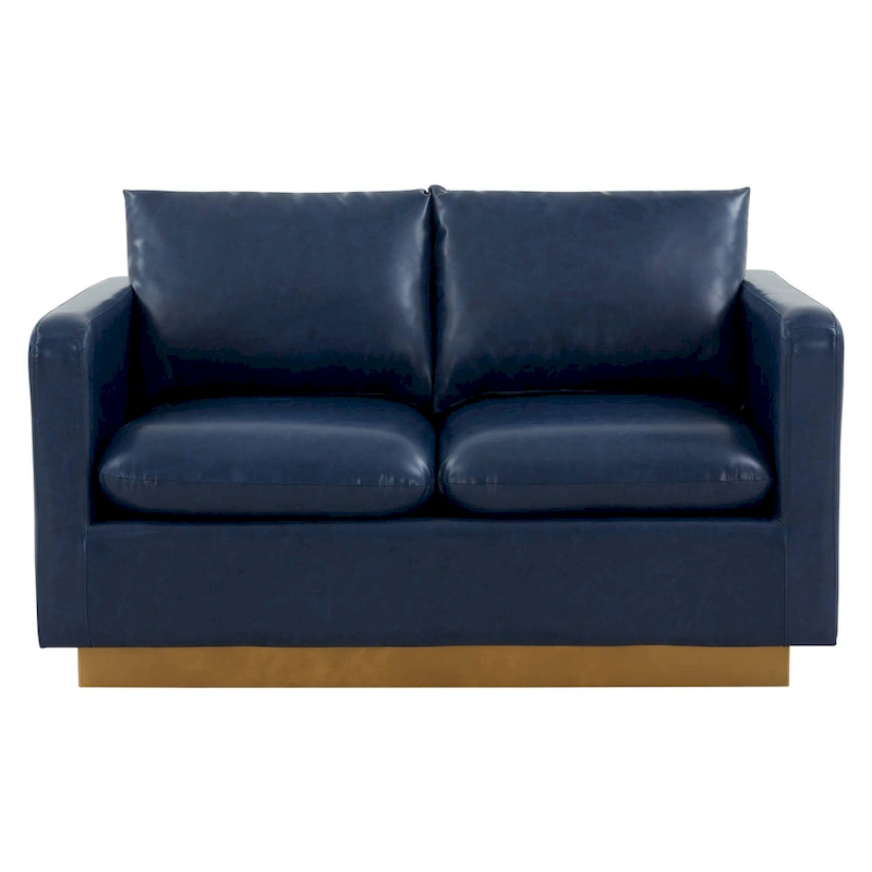 LeisureMod Nervo Modern Leather Loveseat With Gold Base & Cushions - 55.9