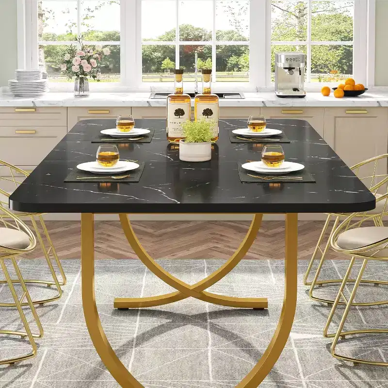 Lantine 63-Inch Rectangular Dining Table for 4, Modern Kitchen Table with Faux Marble Top and Metal Legs for Dining Room, Kitchen, Black & Gold