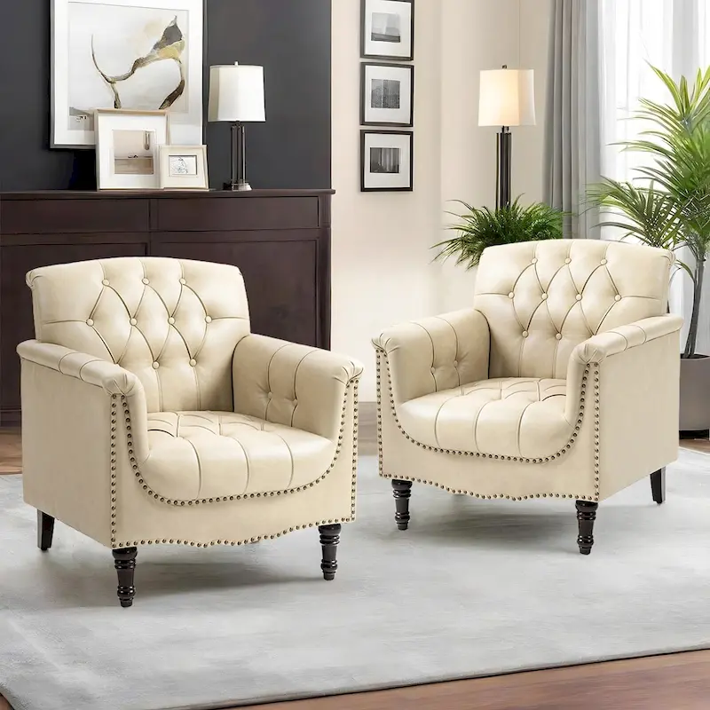 Modern Tufted Accent Armchair with Nailhead Trim Set of 2