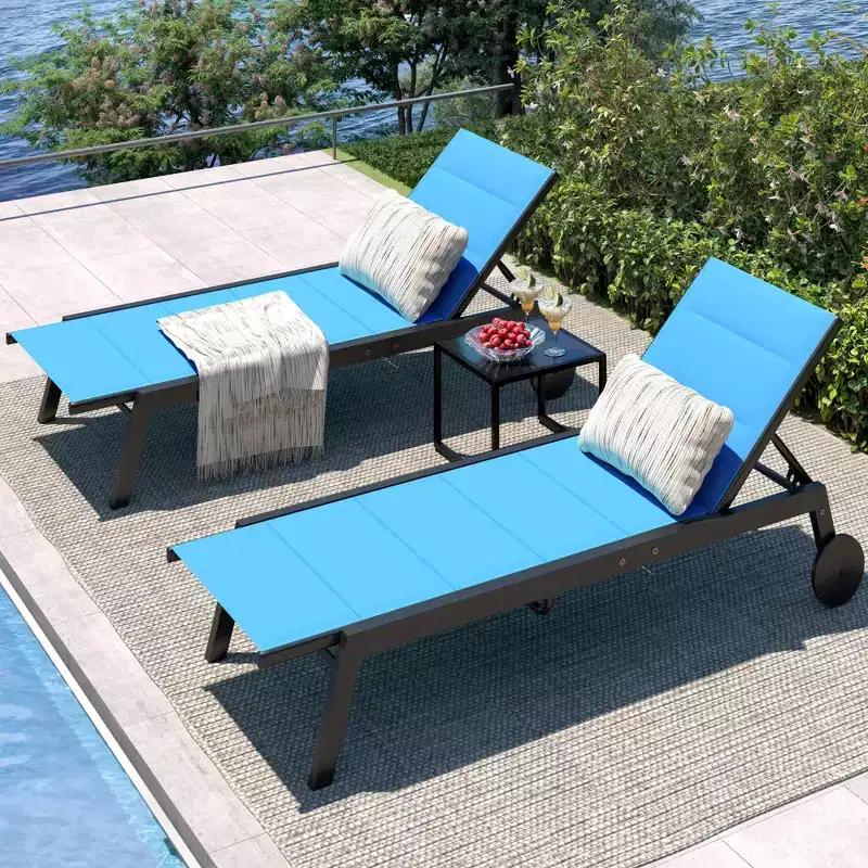 Set of 2 Outdoor Chaise Lounge Chairs with Wheels & Side Table, 5-Position Adjustable Patio Recliner, Heavy Duty Pool Lounger for Beach & Backyard