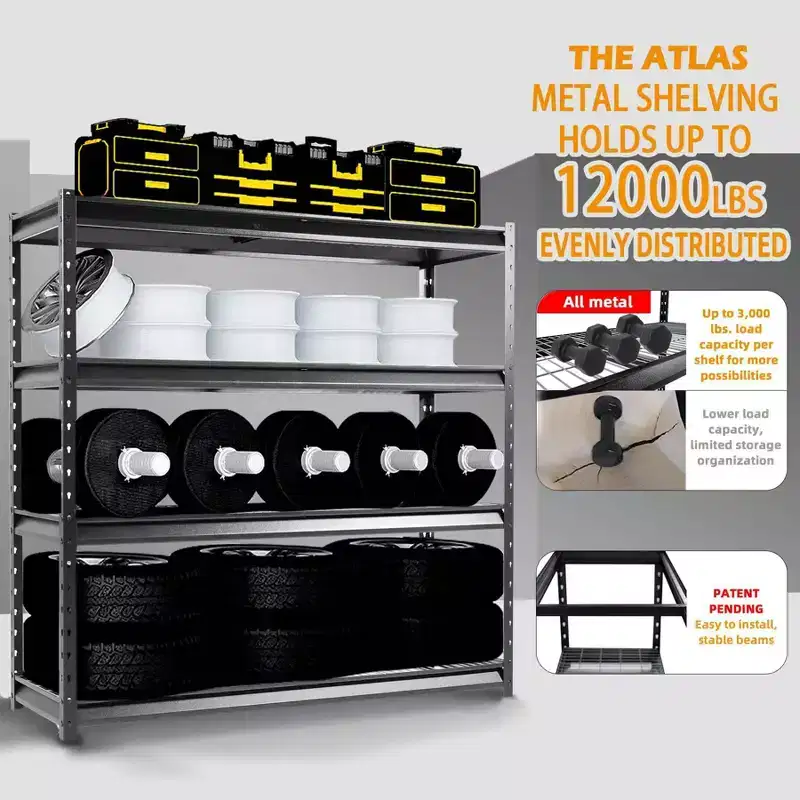 Atlas Shelving 4-Tier 72"x24"x72" Heavy Duty Garage Shelving Load 12000lbs Hammertone: Steel Utility Storage, Adjustable Shelves