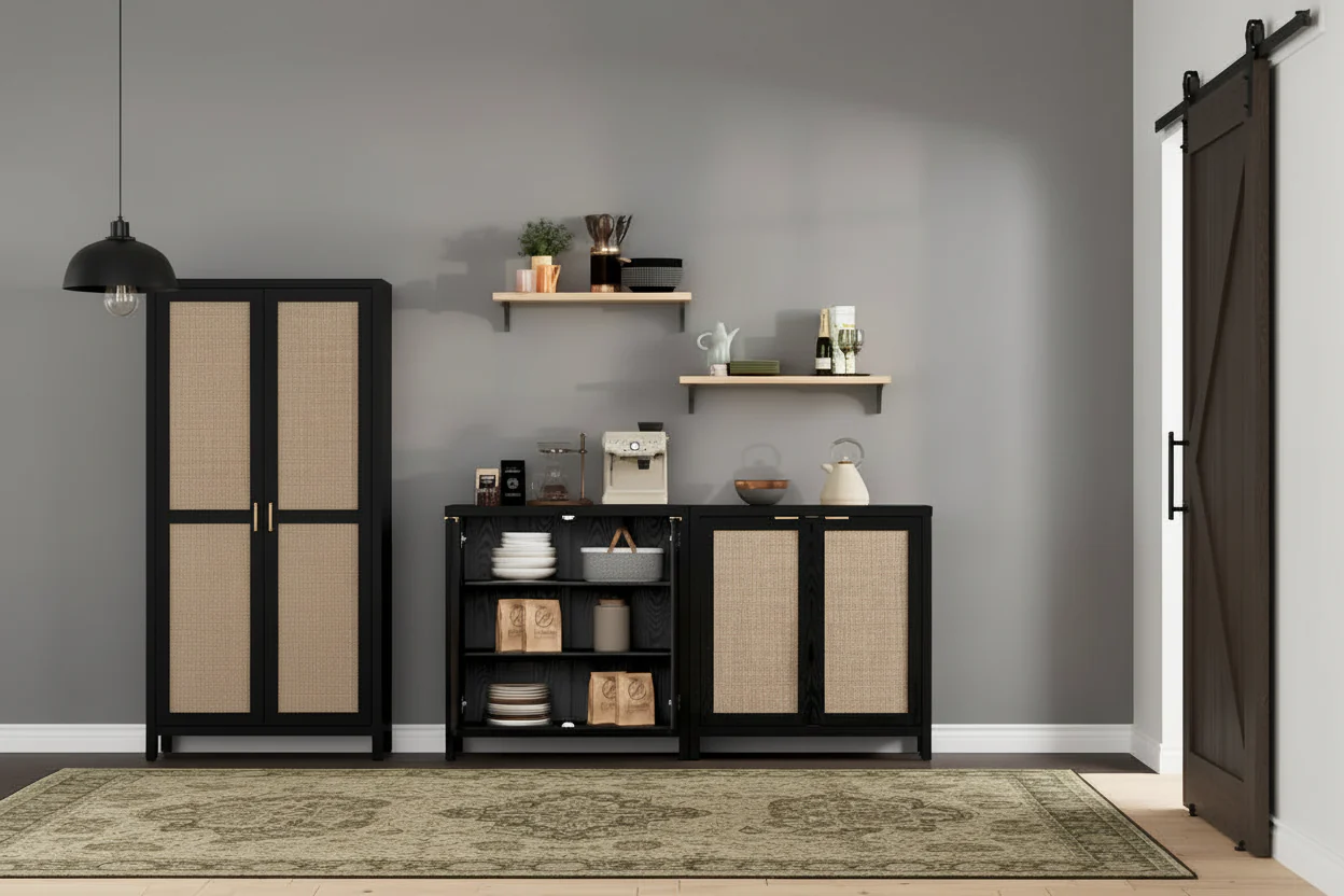 Rattan Sideboard Buffet Set of 2 with 2 Doors