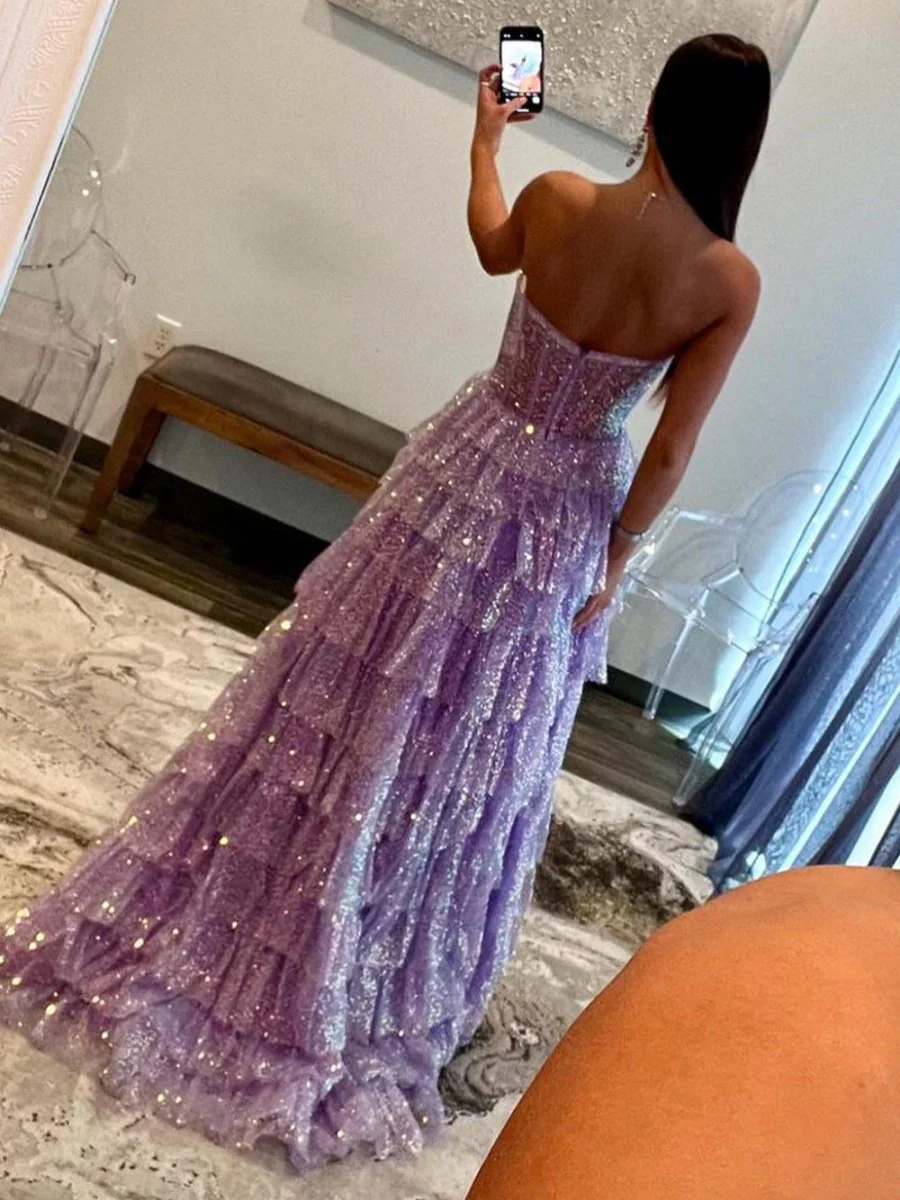Lavender A-Line Sweetheart Sequins Long Prom Dresses With Split