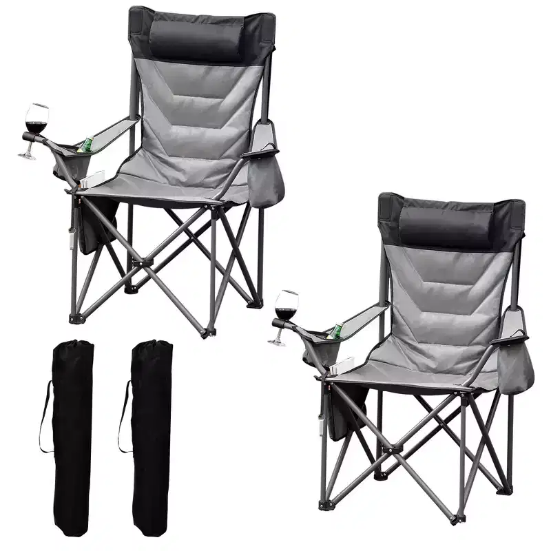 Oversized Padded Camping Chairs, Hevy Duty Folding Camp Chair - Comfortable Camping Chair with High Back & Pillow, 2 Pack