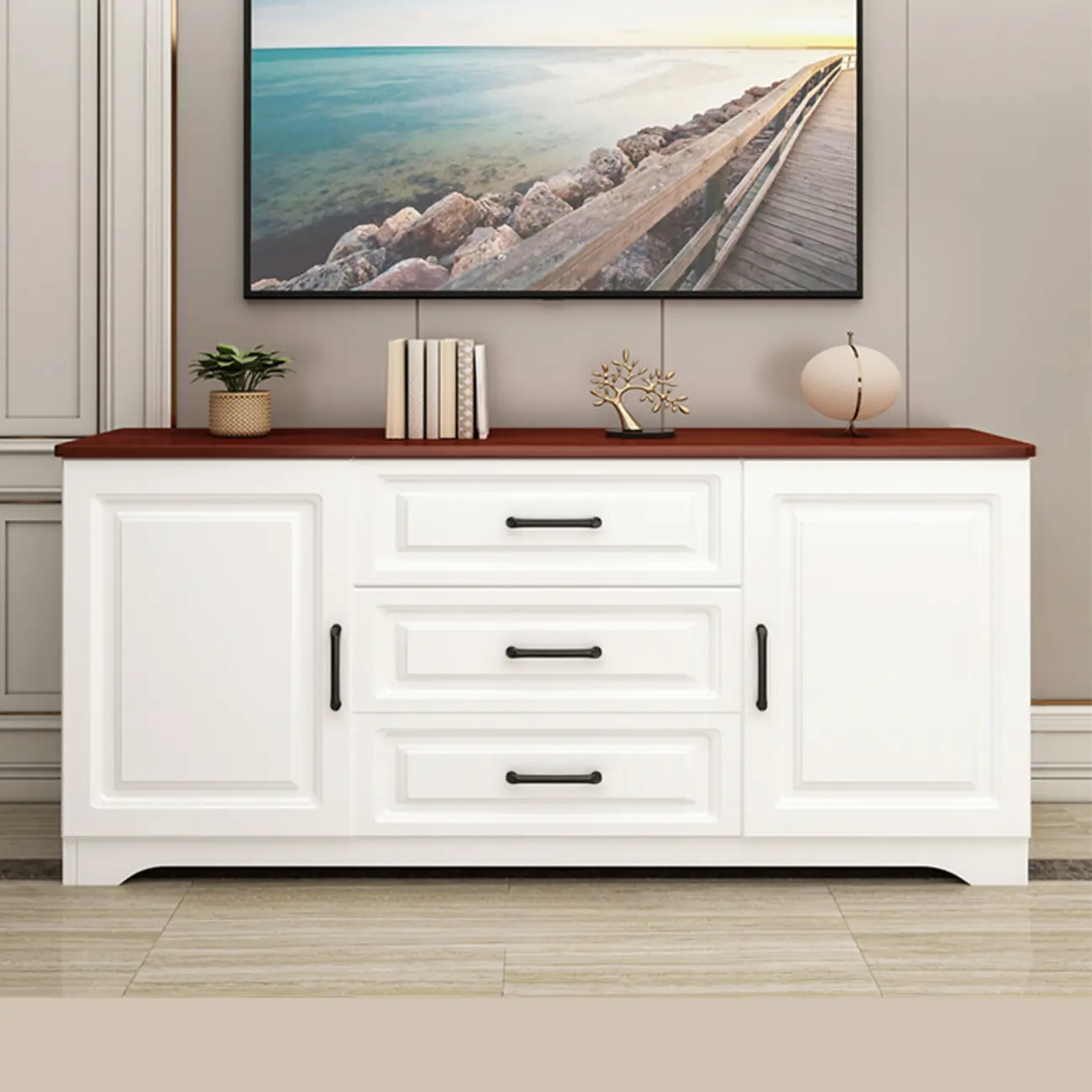 Modern Rectangular White 3-Drawer Wooden TV Stand