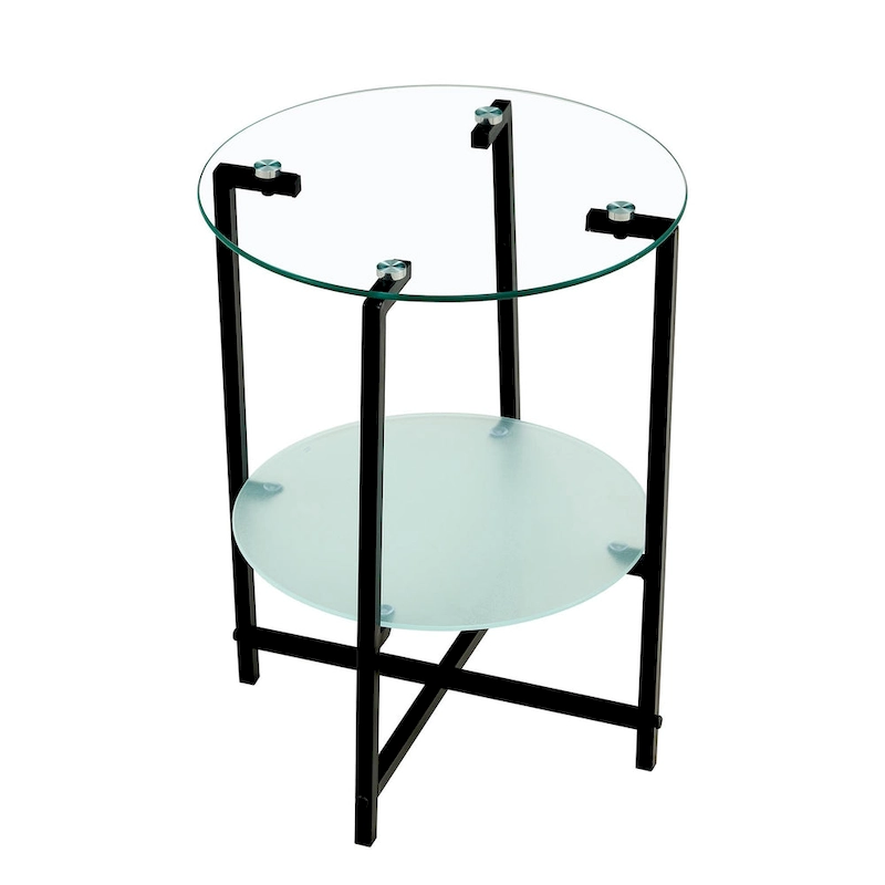 2-layer Round Tempered Glass End Table/Coffee Table with Iron Frame