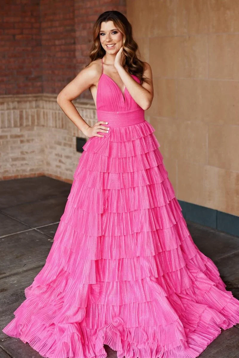 Pleated Fuchsia Straps Ruffle Layered Formal Dress