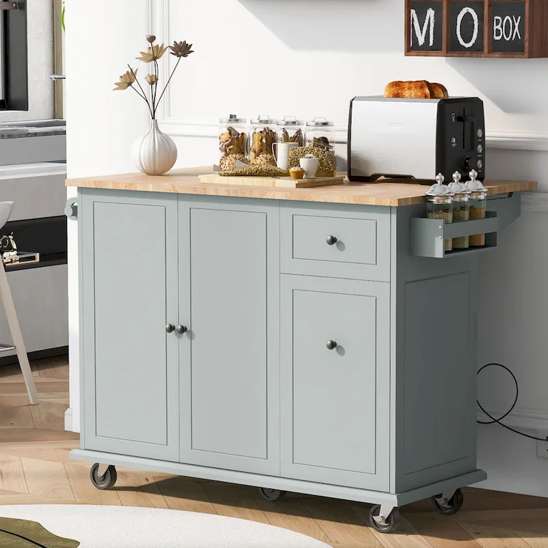 53.9 Width Rolling Kitchen Island with Drop Leaf and 3 Tier Pull Out Cabinet