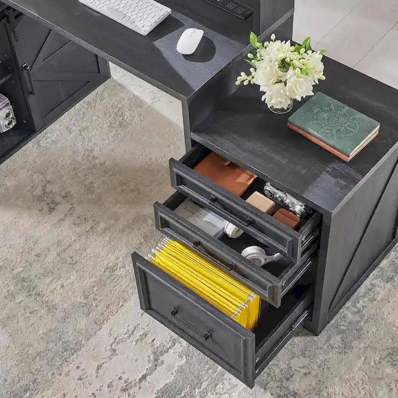 Modern Farmhouse Home Office Desk, Computer Desk with File Cabinet