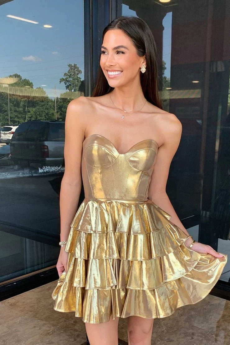 Sweetheart Gold Metallic A-Line Ruffle Homecoming Dress