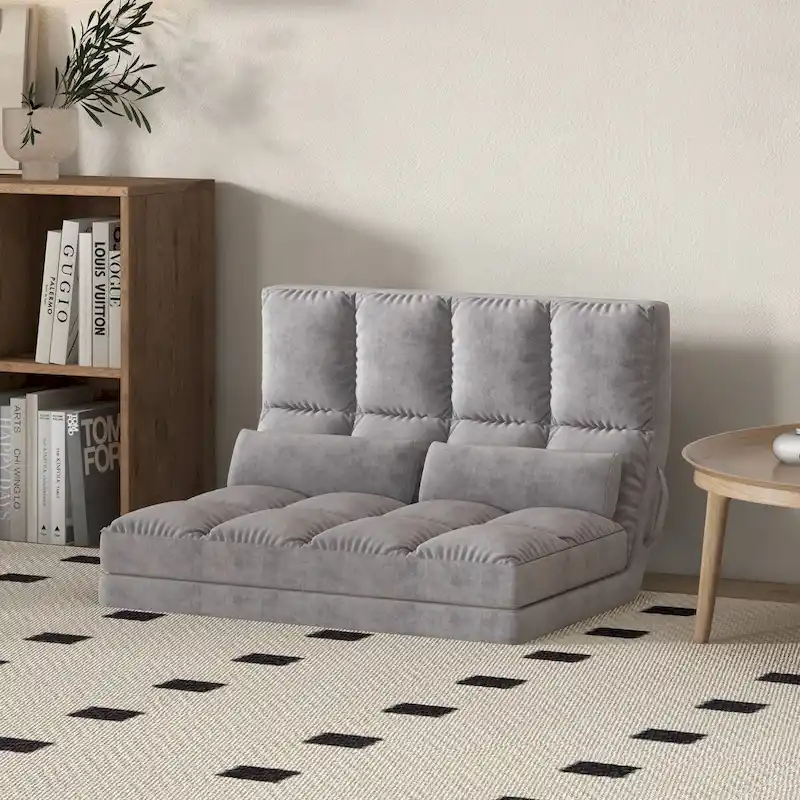Grey Convertible Floor Sofa Chair with Adjustable Backrest, 2 Pillows, Single