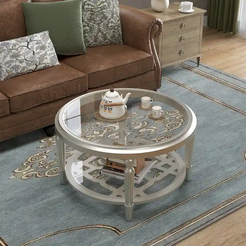 Champagne Round 2-Tier Tempered Glass Coffee Table with Floral Cutout Shelf
