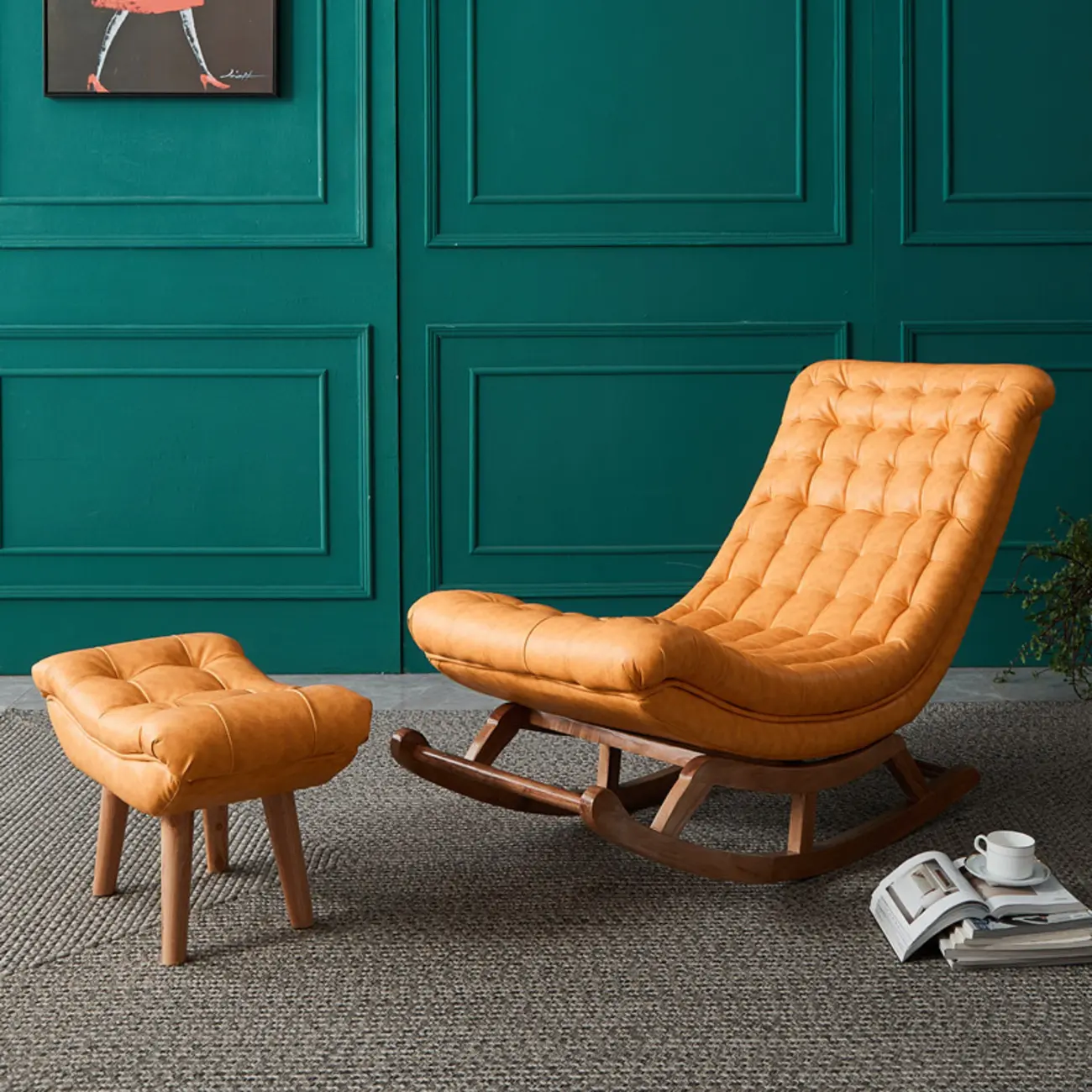 Modern Upholstered Ergonomic Rocking Chair with Ottoman