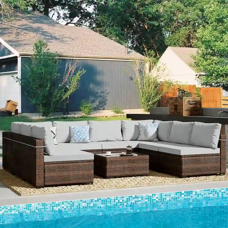 Patio Watcher Outdoor 8 Seater Rattan Sectional Set with Cusions and Coffe Table