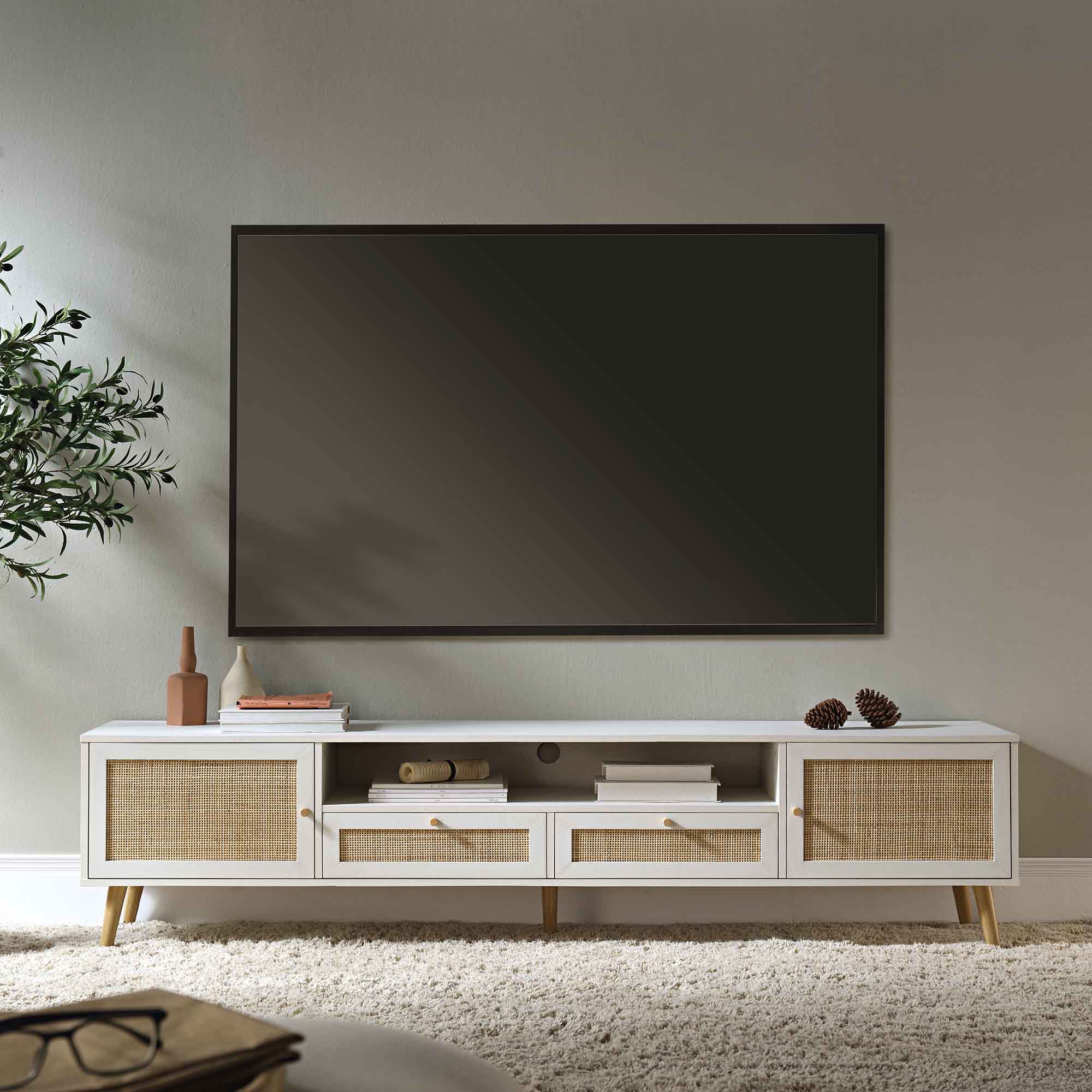 Woven Rattan 79in. Wide TV Unit, White