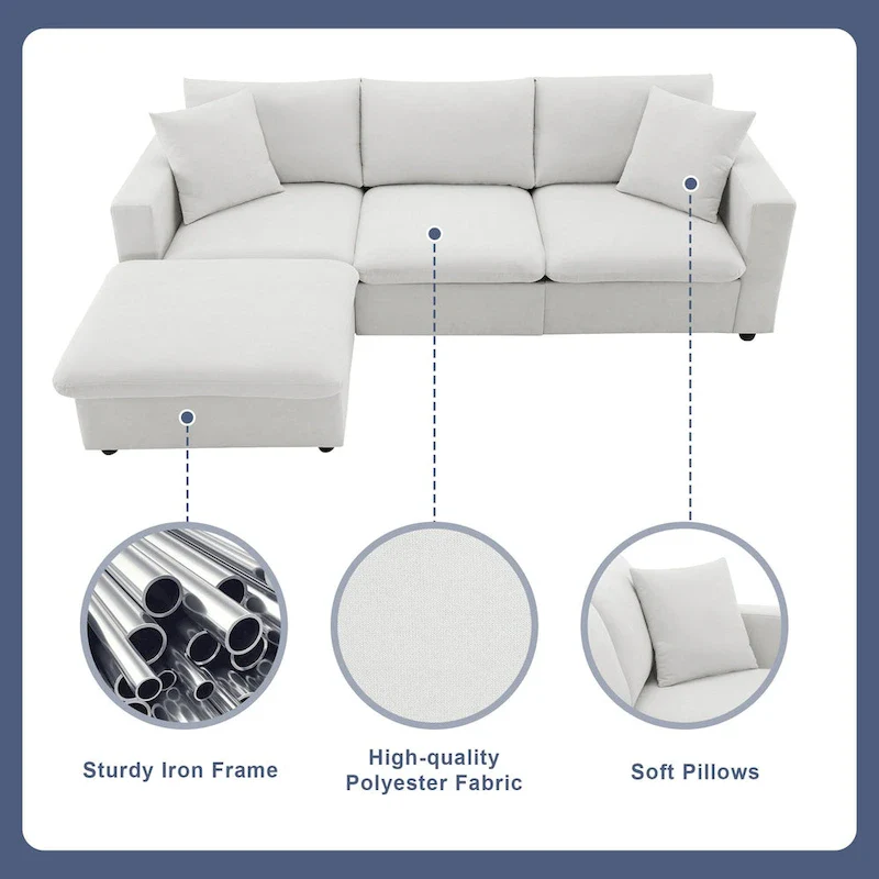 4-Seat Polyester L-Shaped Sectional Sofa with Convertible Ottoman