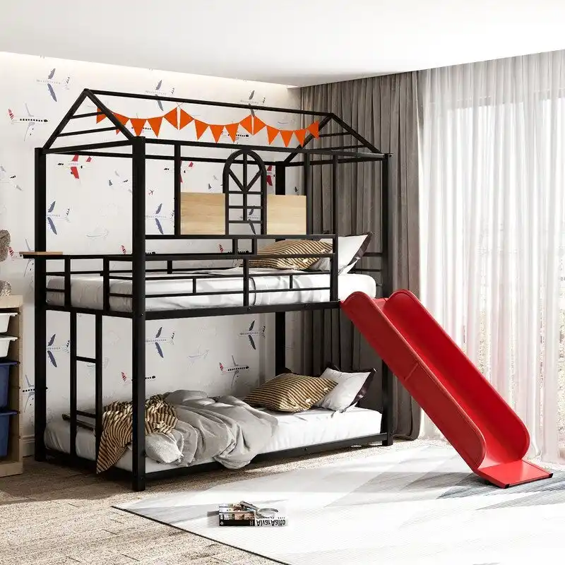 Red / Black Twin Over Twin Metal Bunk Bed with Slide – House Style, 2-Person
