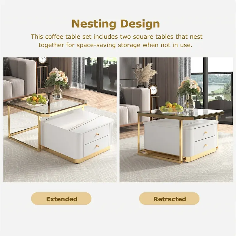 2 Pieces Nesting Coffee Table w/ Drawers & Electroplated Gold Legs