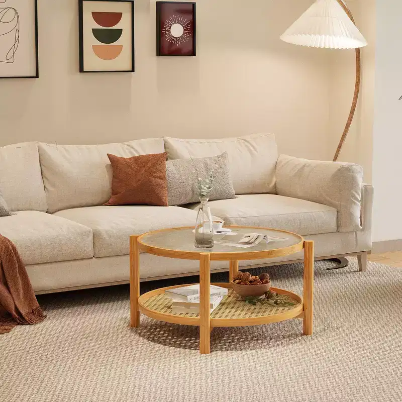 Fun little toys brand Rattan Coffee Table, 2-Tier Bamboo Coffee Table with Glass Top and PVC Rattan Storage Shelf