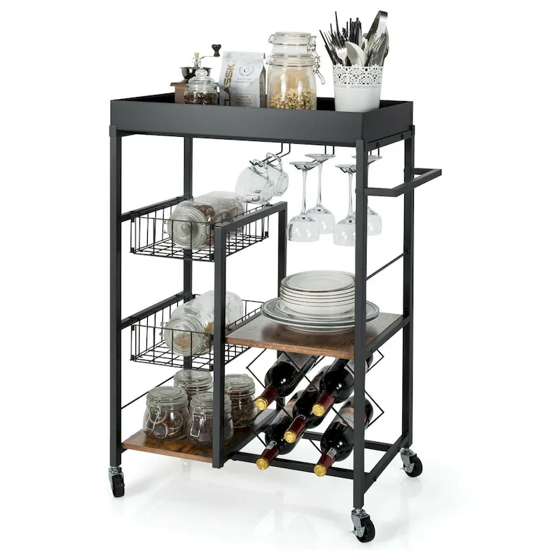 Gymax 4-Tier Kitchen Bar Cart Rolling Serving Trolley Wine Rack - See Details