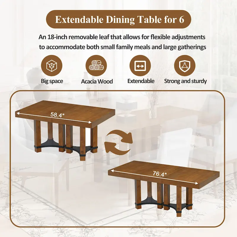 Rustic Style 7-Piece Extendable Dining Table Set with Removable Leaf, 2 Arm Chairs and 4 Armless Chairs